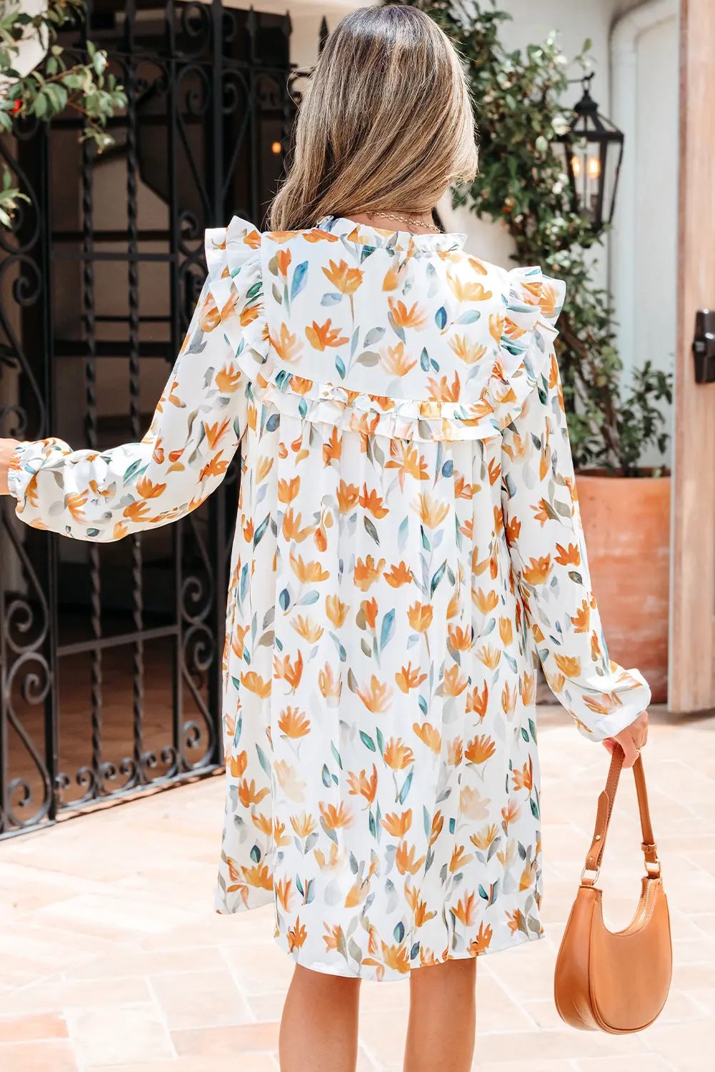 Yellow Floral Print Tie Neck Frilled Long Sleeve Mini Dress Dear-Lover Dropshipping